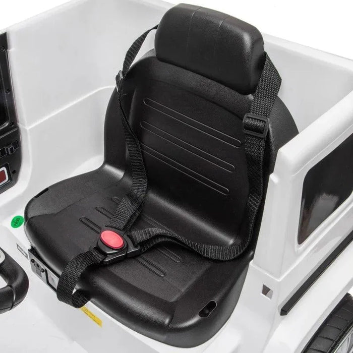 Black seat with safety belt in a white Mercedes-Benz G500 kids' electric ride-on jeep