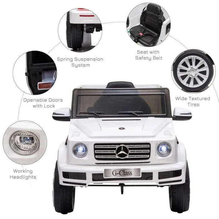 White kids Mercedes-Benz G500 electric ride-on car with LED lights, seat belt, and textured tires