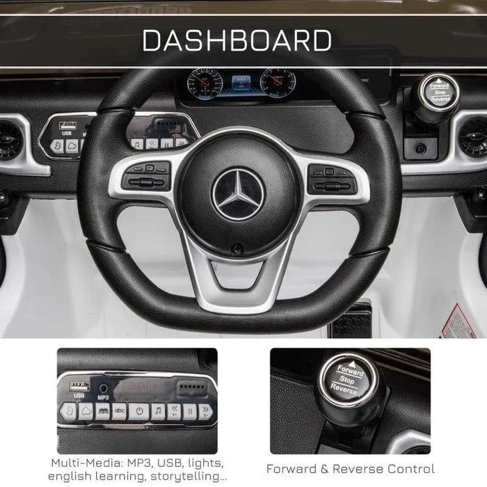 Dashboard of 12V Mercedes-Benz G500 kids electric ride-on jeep with steering wheel, MP3, USB, and forward-reverse controls