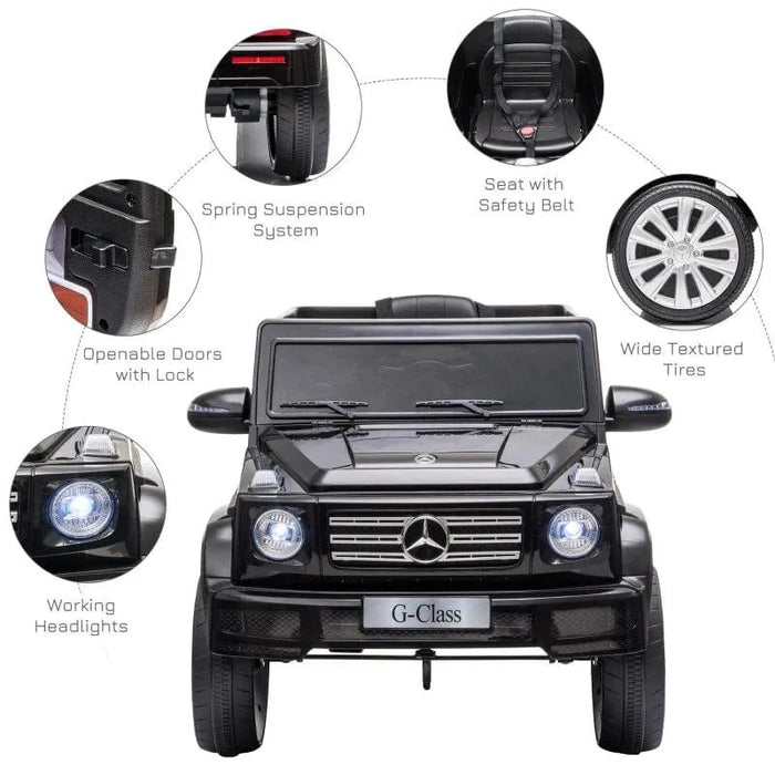 Black 12V Mercedes-Benz G500 kids ride-on jeep with headlights, textured tires, seat belt, openable doors, and suspension system