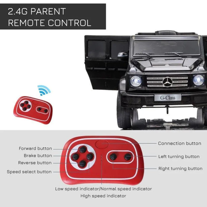 12V black Mercedes-Benz G500 kids ride-on jeep with open doors and remote control features displayed.