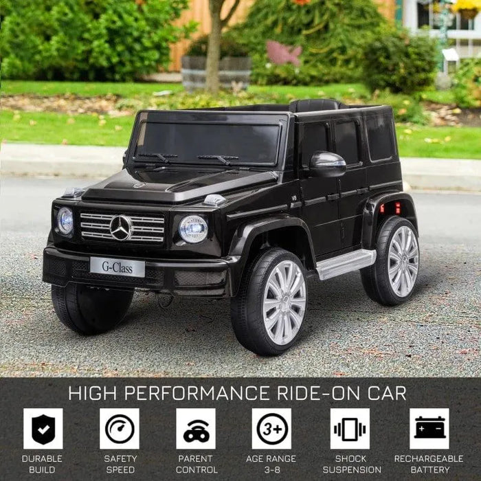 12V black Mercedes-Benz G500 kids ride-on jeep with remote control, parked outdoors