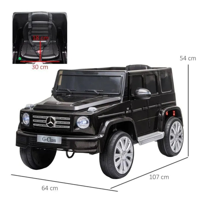 Black 12V Mercedes-Benz G-Class kids ride-on jeep with remote control, shown with seat and dimensions.