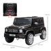 Black 12V Mercedes-Benz G-Class kids ride-on jeep with remote control, shown with seat and dimensions.