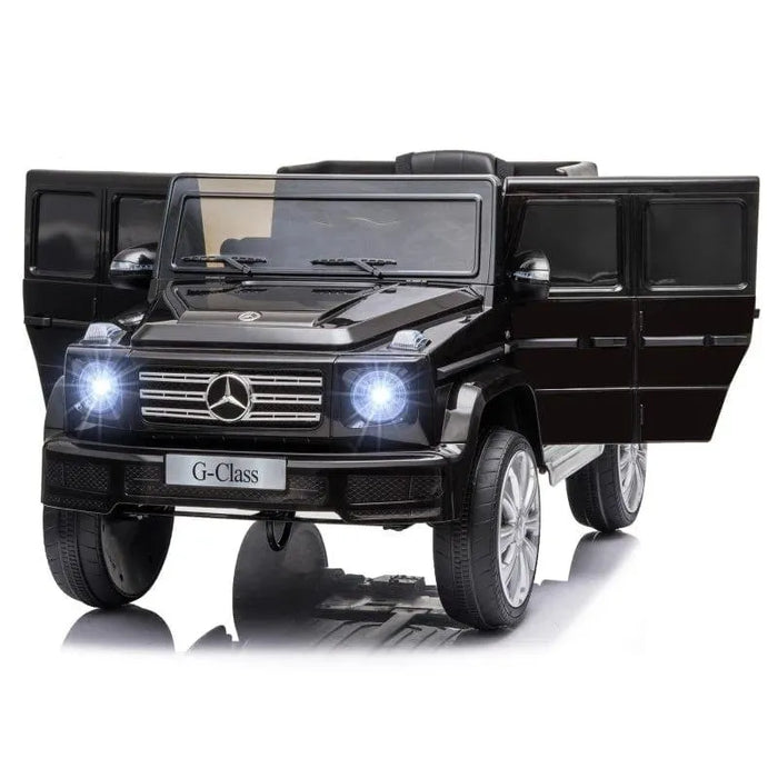 Black 12V Mercedes-Benz G500 kids ride on jeep with open doors and headlights on