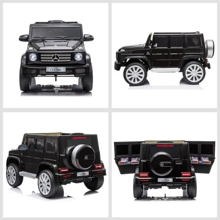 Black 12V Mercedes-Benz G500 kids ride-on jeep shown from front, side, and rear angles
