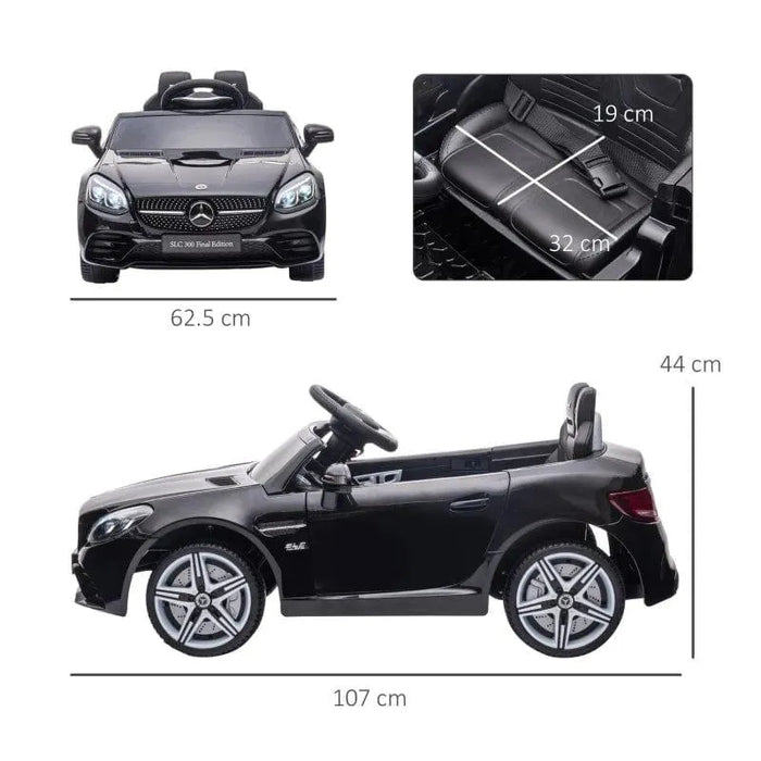 Black 12V Mercedes-Benz SLC 300 kids electric ride-on car with seat and car dimensions shown