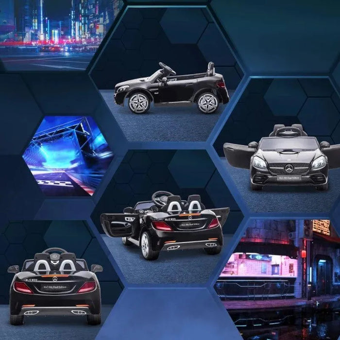 12V black Mercedes-Benz SLC 300 kids electric ride-on car with open doors, LED lights, and city backdrop