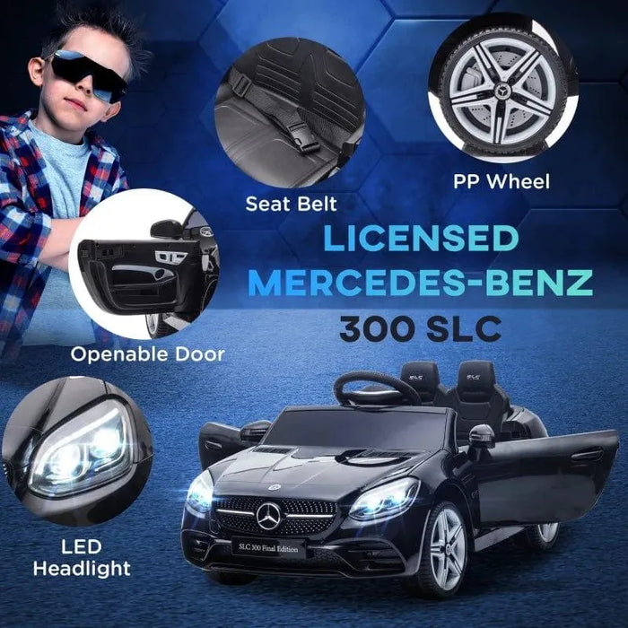 12V licensed Mercedes-Benz SLC 300 kids electric ride-on car black with LED headlights, openable doors, seat belt, and PP wheels