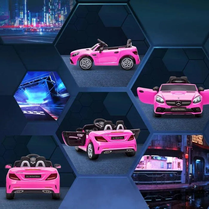 Pink 12V Mercedes-Benz SLC 300 kids electric ride-on car with open doors, displayed on a futuristic background.
