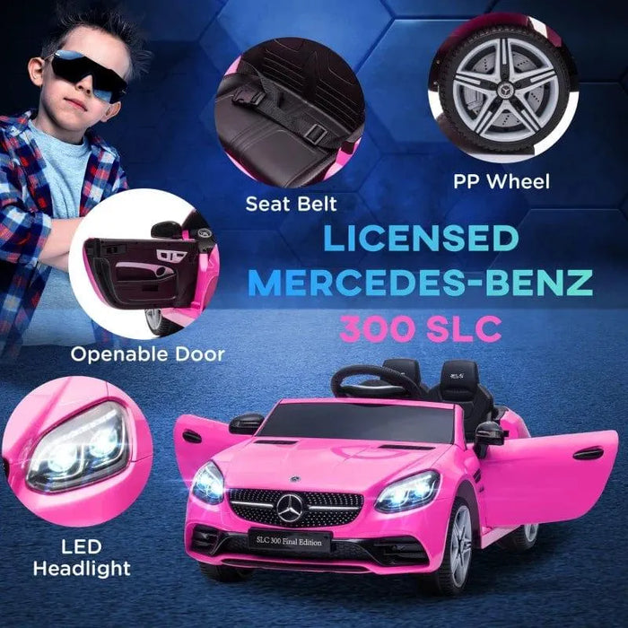 Pink 12V licensed Mercedes-Benz SLC 300 kids electric ride-on car with open doors, LED headlights, seat belt, and PP wheels.