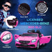 Pink 12V licensed Mercedes-Benz SLC 300 kids electric ride-on car with open doors, LED headlights, seat belt, and PP wheels.