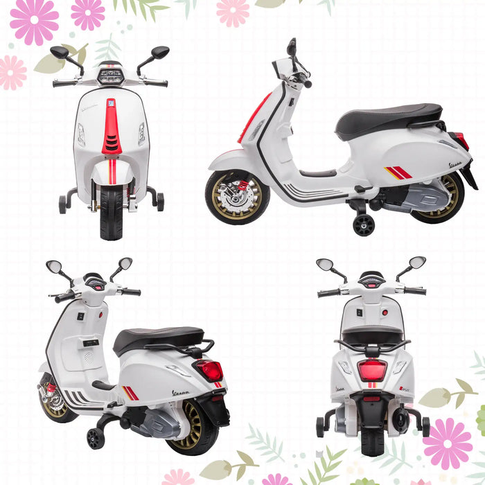 12V Licensed Vespa Kids Electric Motorbike – White | FM Radio and Training Wheels AIYAPLAY - Little and Giant Explorers
