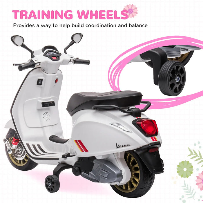 12V Licensed Vespa Kids Electric Motorbike – White | FM Radio and Training Wheels AIYAPLAY - Little and Giant Explorers