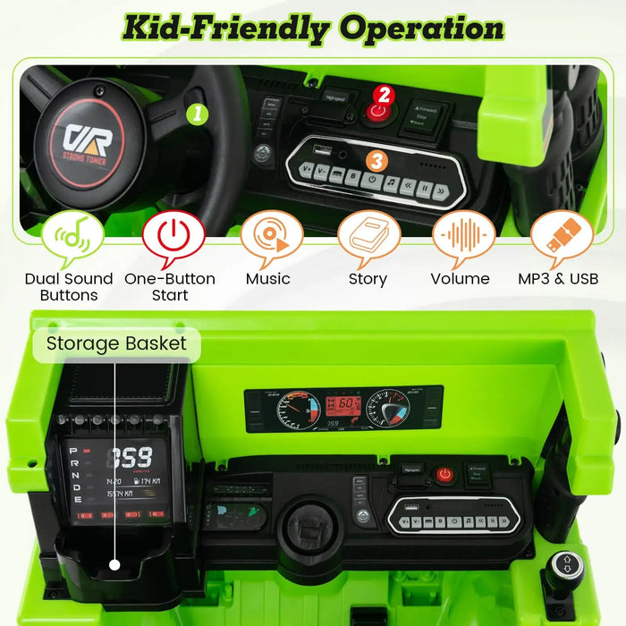 Green kids ride-on electric dump truck dashboard with steering wheel, control buttons, digital display, and storage basket