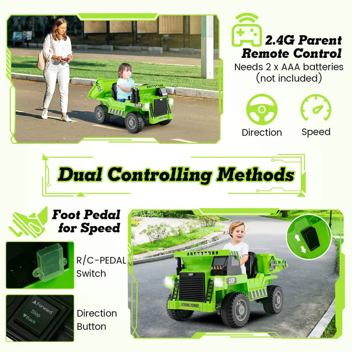 Green electric kids ride-on dump truck with dual controlling methods: parent remote control and foot pedal speed