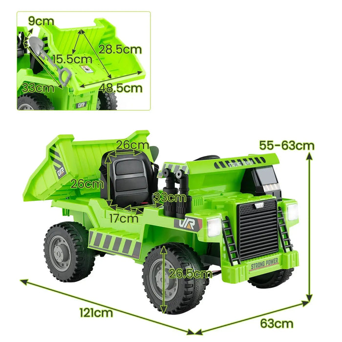 Green electric ride-on dump truck for kids with detailed dimensions and black seating