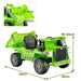 Green electric ride-on dump truck for kids with detailed dimensions and black seating