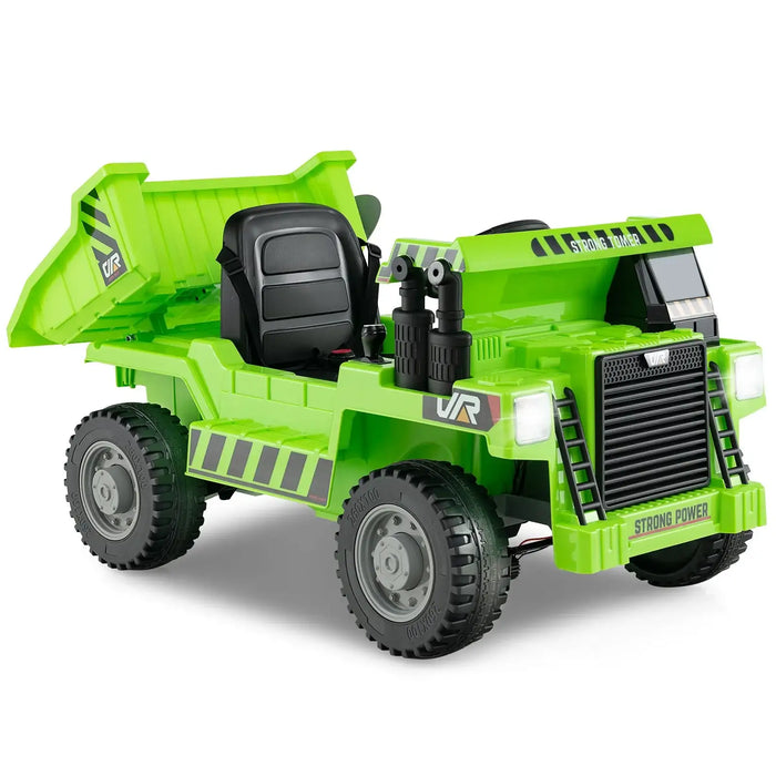 12V green electric kids ride-on dump truck with black seat and functional dumping bed