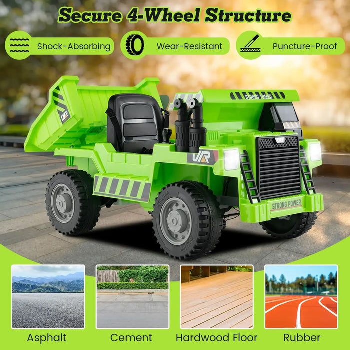 Green electric ride-on dump truck for kids with shock-absorbing, wear-resistant, puncture-proof 4-wheel structure