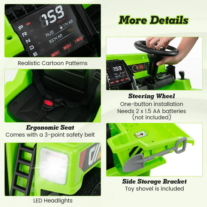 Green electric kids ride-on dump truck with ergonomic seat, safety belt, LED headlights, and toy shovel