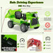 Green electric ride-on dump truck with remote control, safety speed buttons, and soft start feature