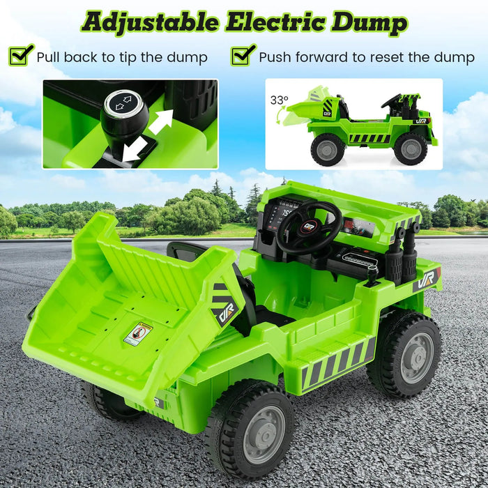 Green electric ride-on toy dump truck for kids with adjustable dumping bed on asphalt road