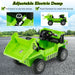 Green electric ride-on toy dump truck for kids with adjustable dumping bed on asphalt road