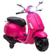 Bright pink Vespa scooter toy with black seat, training wheels, and front headlight on