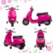 Pink Vespa scooter with black seat shown from front, side, angled, and rear views on floral background