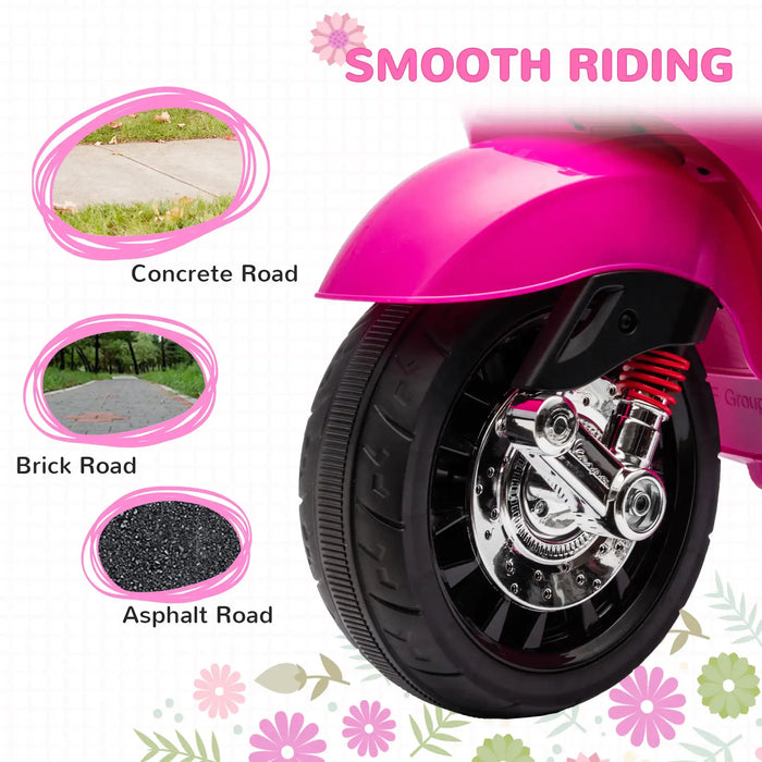 Close-up of a pink scooter wheel with shock absorber promising smooth riding on concrete, brick, and asphalt roads