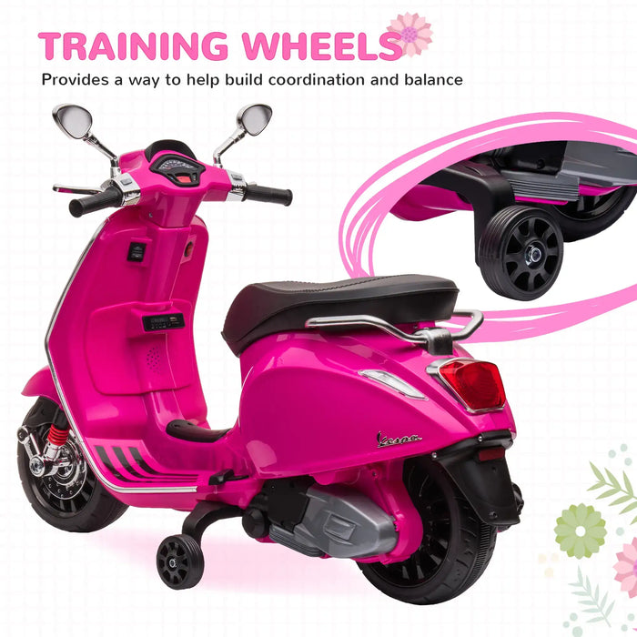Pink kids ride-on Vespa scooter with black seat and training wheels for balance and coordination