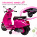 Pink kids ride-on Vespa scooter with black seat and training wheels for balance and coordination