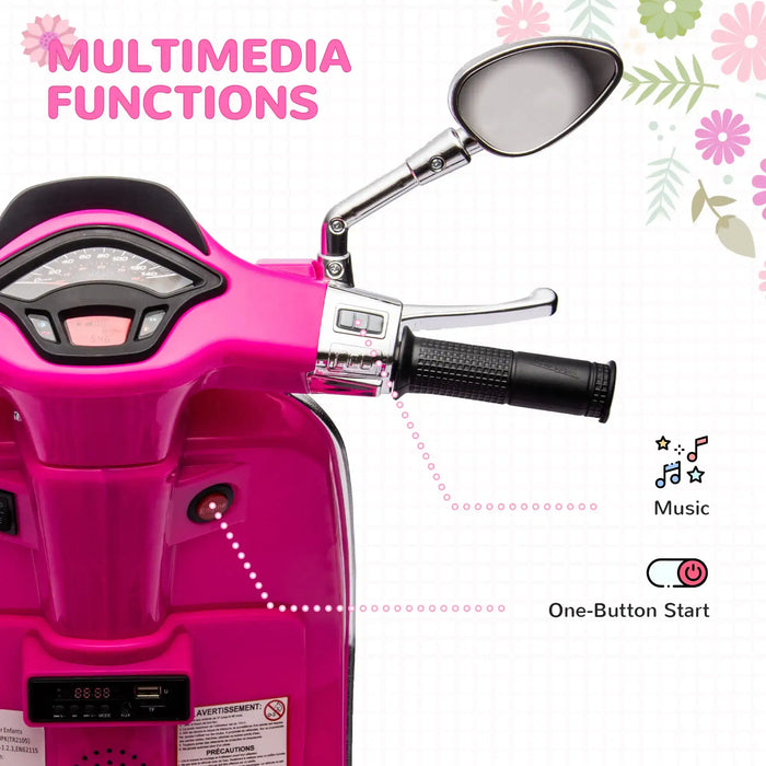 Pink scooter handlebar with rearview mirror, music controls, and one-button start feature