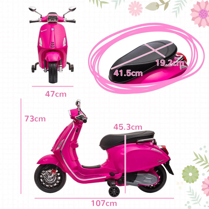 Pink Vespa scooter with training wheels and detailed size dimensions in centimeters