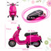 Pink Vespa scooter with training wheels and detailed size dimensions in centimeters
