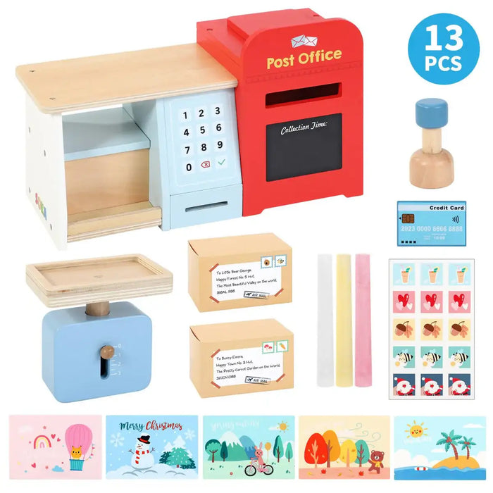 13-Piece Post Office Pretend Play Playset | Wooden Role Play Counter with Accessories SOKA® - Little and Giant Explorers SOKA Play Imagine Learn