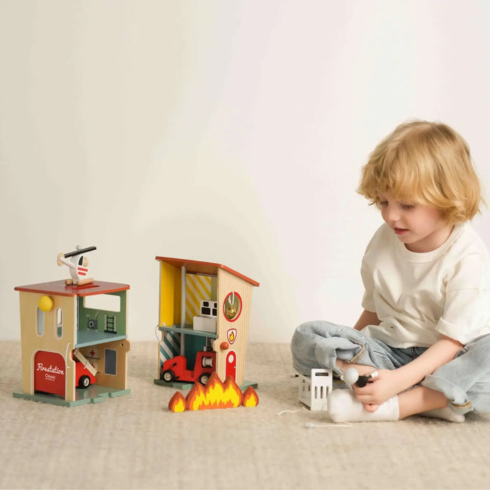 13-Piece Wooden Fire Station Playset | Fire Trucks, Helicopter, Firefighters and Accessories CLASSIC WORLD - Little and Giant Explorers Classic World