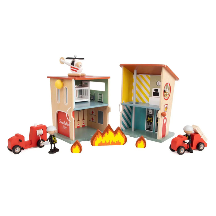 13-Piece Wooden Fire Station Playset | Fire Trucks, Helicopter, Firefighters and Accessories CLASSIC WORLD - Little and Giant Explorers Classic World