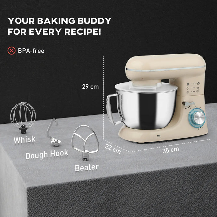 Beige stand mixer with attachments on a gray surface, labeled dimensions, and text 'Your Baking Buddy for Every Recipe!'.