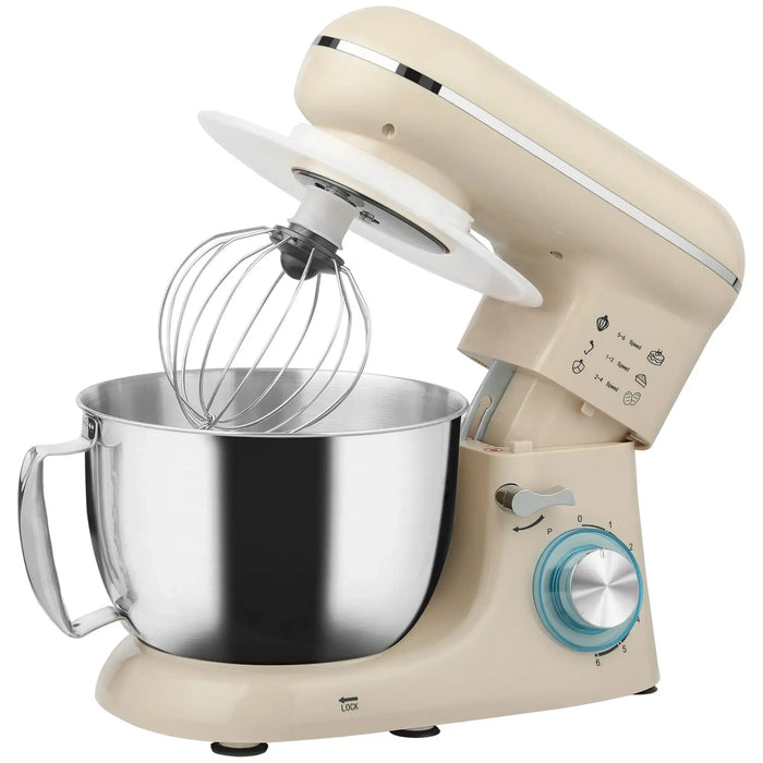 Beige stand mixer with a metal bowl and whisk attachment on a white background