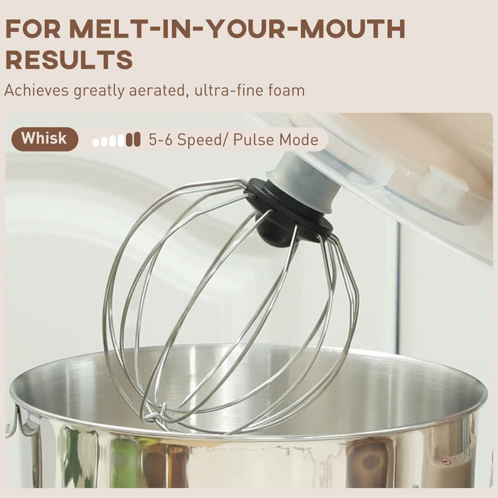 Kitchen mixer whisk attachment with text about achieving melt-in-your-mouth results.