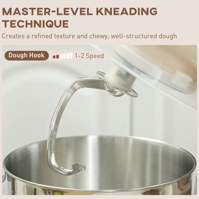Dough hook attachment on a stand mixer with text about kneading technique
