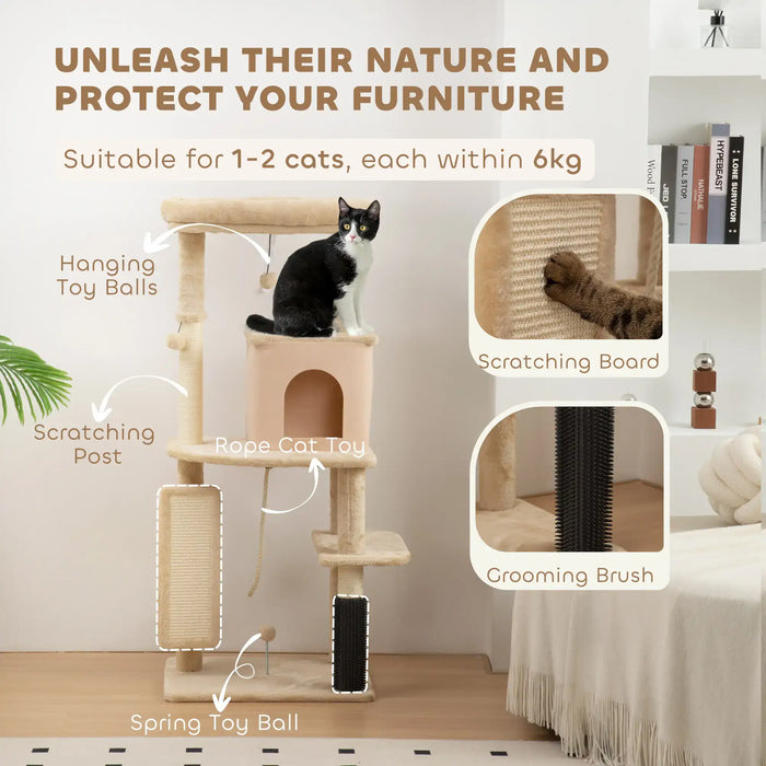 132cm Cat Tree and Activity Centre – Beige | Multi-Level Tower with Bed and House PAWHUT - Little and Giant Explorers PawHut