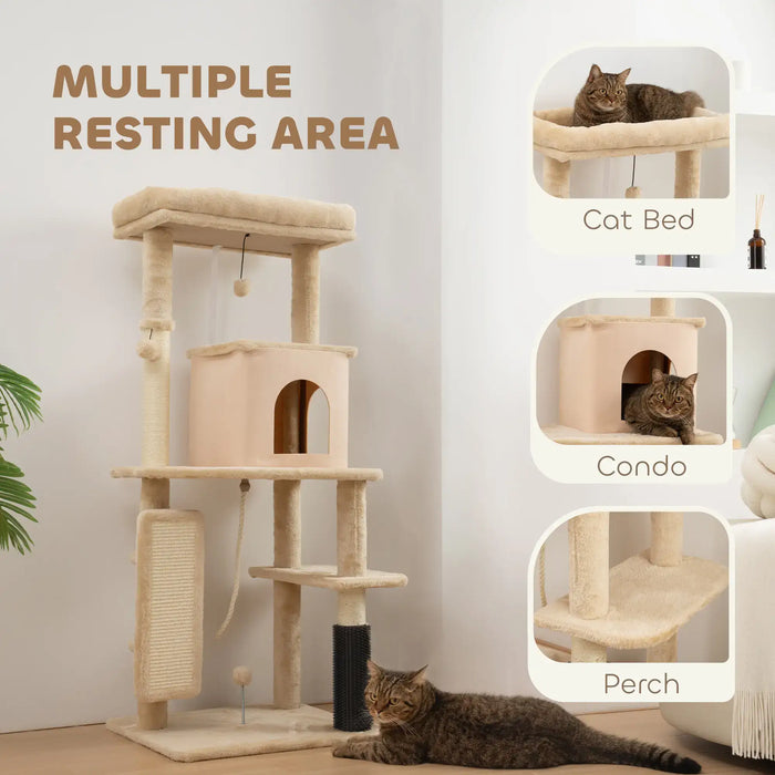 132cm Cat Tree and Activity Centre – Beige | Multi-Level Tower with Bed and House PAWHUT - Little and Giant Explorers PawHut