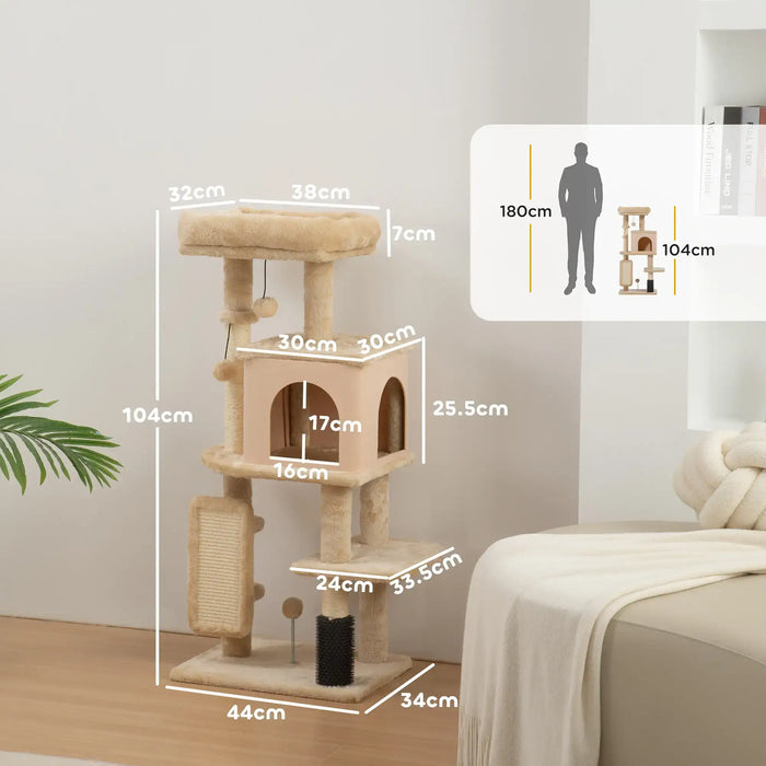 132cm Cat Tree and Activity Centre – Beige | Multi-Level Tower with Bed and House PAWHUT - Little and Giant Explorers PawHut