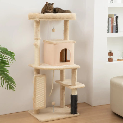 132cm Cat Tree and Activity Centre – Beige | Multi-Level Tower with Bed and House PAWHUT - Little and Giant Explorers PawHut