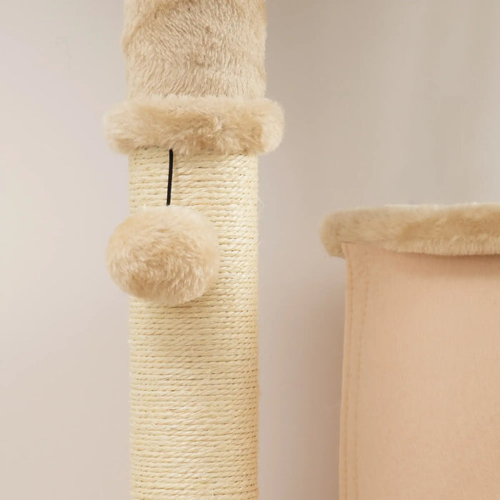 132cm Cat Tree and Activity Centre – Beige | Multi-Level Tower with Bed and House PAWHUT - Little and Giant Explorers PawHut