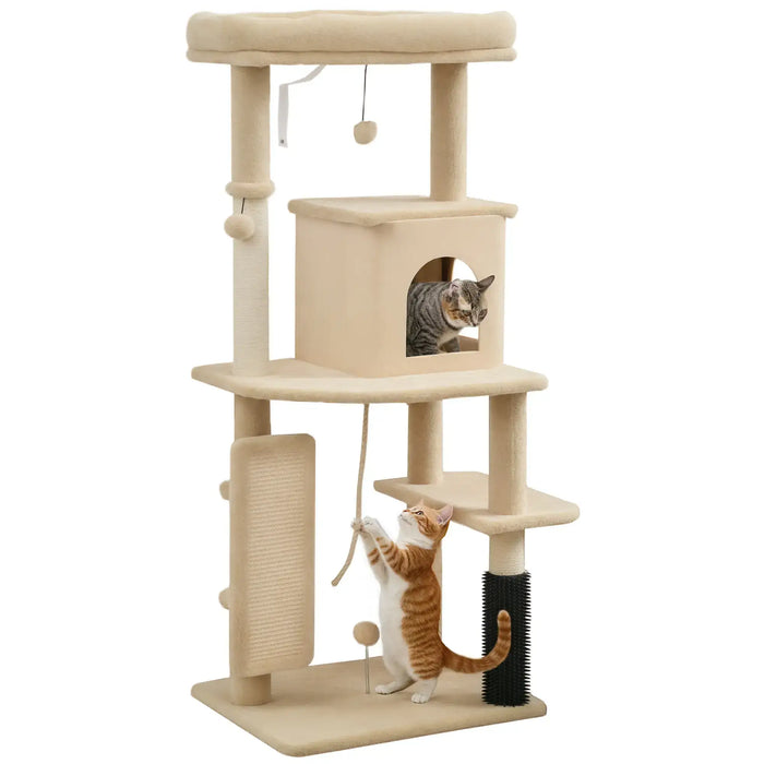 132cm Cat Tree and Activity Centre – Beige | Multi-Level Tower with Bed and House PAWHUT - Little and Giant Explorers PawHut