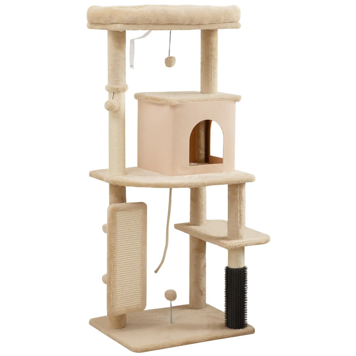 132cm Cat Tree and Activity Centre – Beige | Multi-Level Tower with Bed and House PAWHUT - Little and Giant Explorers PawHut